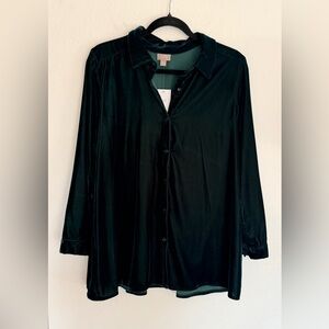 NWT J. Jill Women’s Holiday Party Evergreen Velvet Button Down Shirt Med Petite